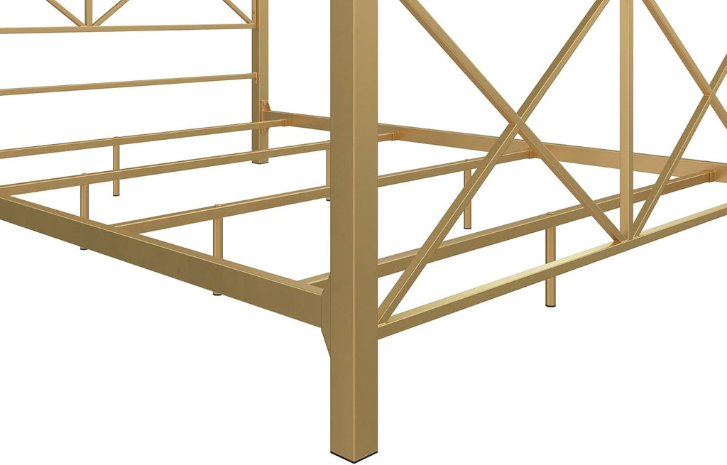 Rosedale Metal Canopy Bed Frame with Four Poster Design and Geometric Accented Headboard and Footboard, Underbed Storage Space, Full, Gold