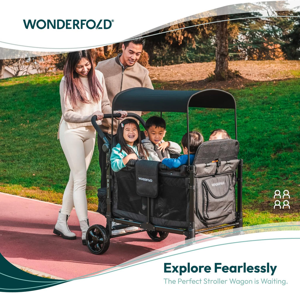 W4 Elite Stroller Wagon - Foldable Wagon with Steel Frame - Adjustable Canopy & Push Handle - All-Terrain Wheels - for Babies, Toddlers & Kids - 4 Seater - Gray