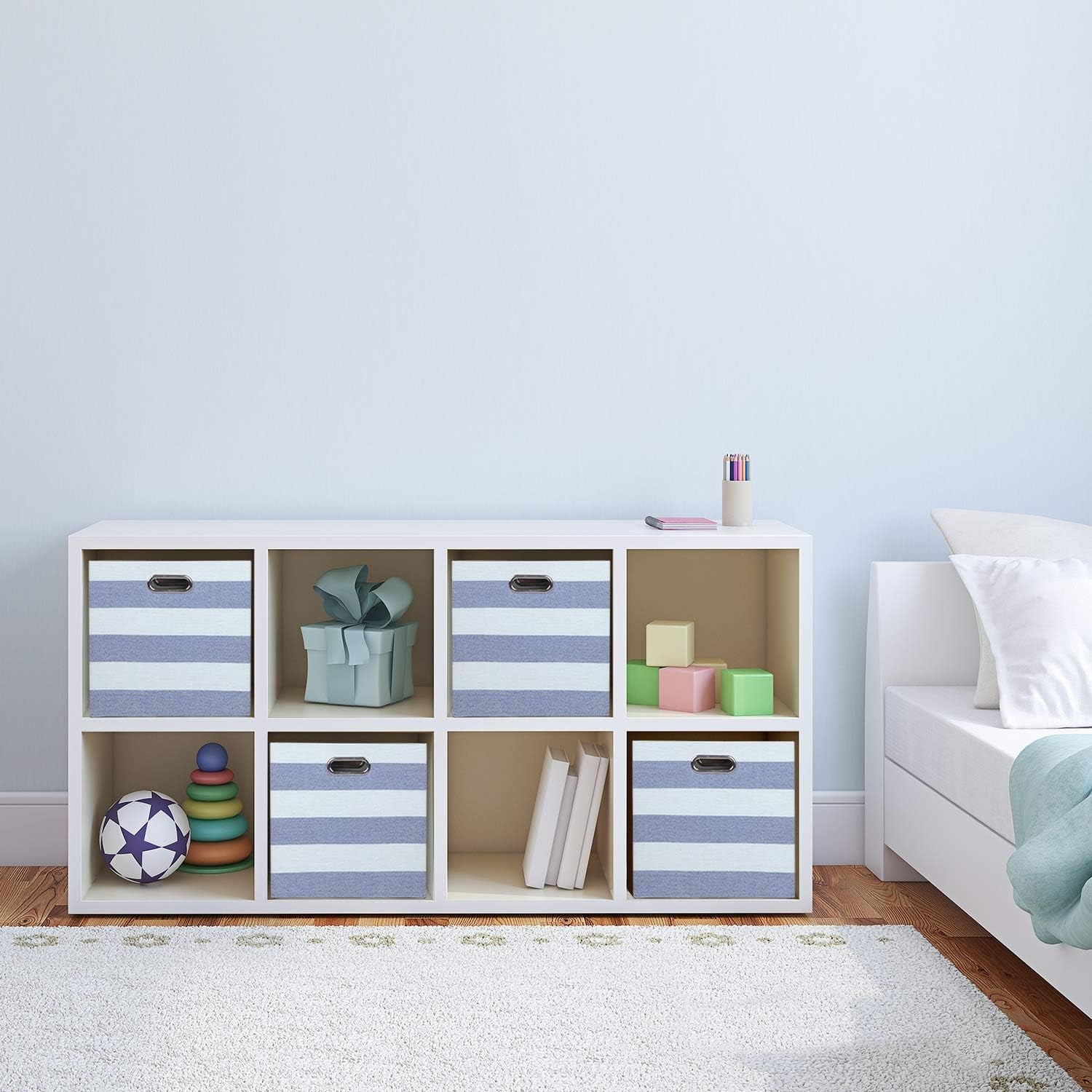 Collapsible Storage Bins,13×13 Fabric Storage Cubes Basket Containers Drawers for Nurseries,Offices,Closets (Set of 4, Blue-White Striped)