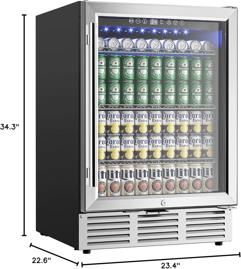 24 Inch Beverage Refrigerator, 180 Can Built-In Beverage Cooler, under Counter Beer Fridge with Glass Door for Soda, Water, Wine - for Kitchen, Bar or Office