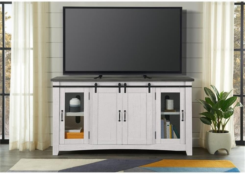 Martin Svensson Home 65" Solid Pine Wood Entertainment Center with Storage. Rustic TV Stand for Tvs up to 70." Sliding Doors, Adjustable Shelves & Cable Management – White and Grey Finish