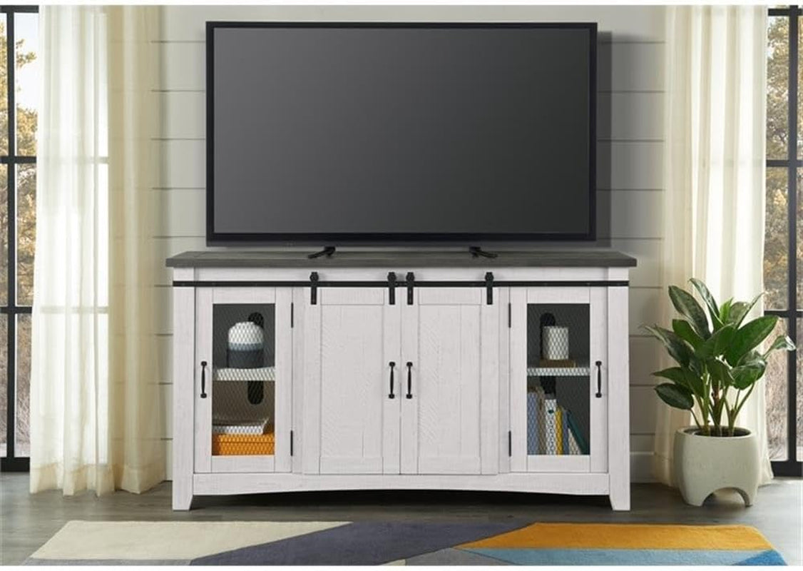 Martin Svensson Home 65" Solid Pine Wood Entertainment Center with Storage. Rustic TV Stand for Tvs up to 70." Sliding Doors, Adjustable Shelves & Cable Management – White and Grey Finish