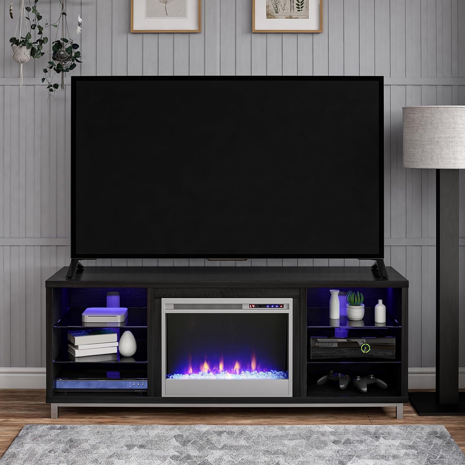 Lumina Fireplace TV Stand, Black Oak, Holds Tvs up to 70", Modern Entertainment Center with RGB LED Lights