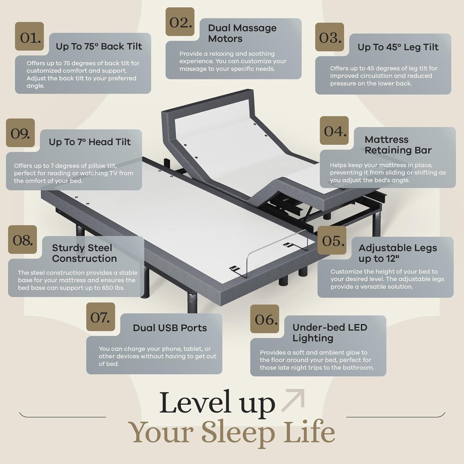 Harmony Adjustable Bed Base, Head and Foot Lift, Massage, Under-Bed Lights, USB, Memory, Zero Gravity Smart Frame - Split King