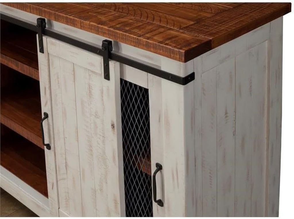 Martin Svensson Home 65" Solid Pine Wood Entertainment Center with Storage. Rustic TV Stand for Tvs up to 70." Sliding Doors, Adjustable Shelves & Cable Management – White and Honey Finish
