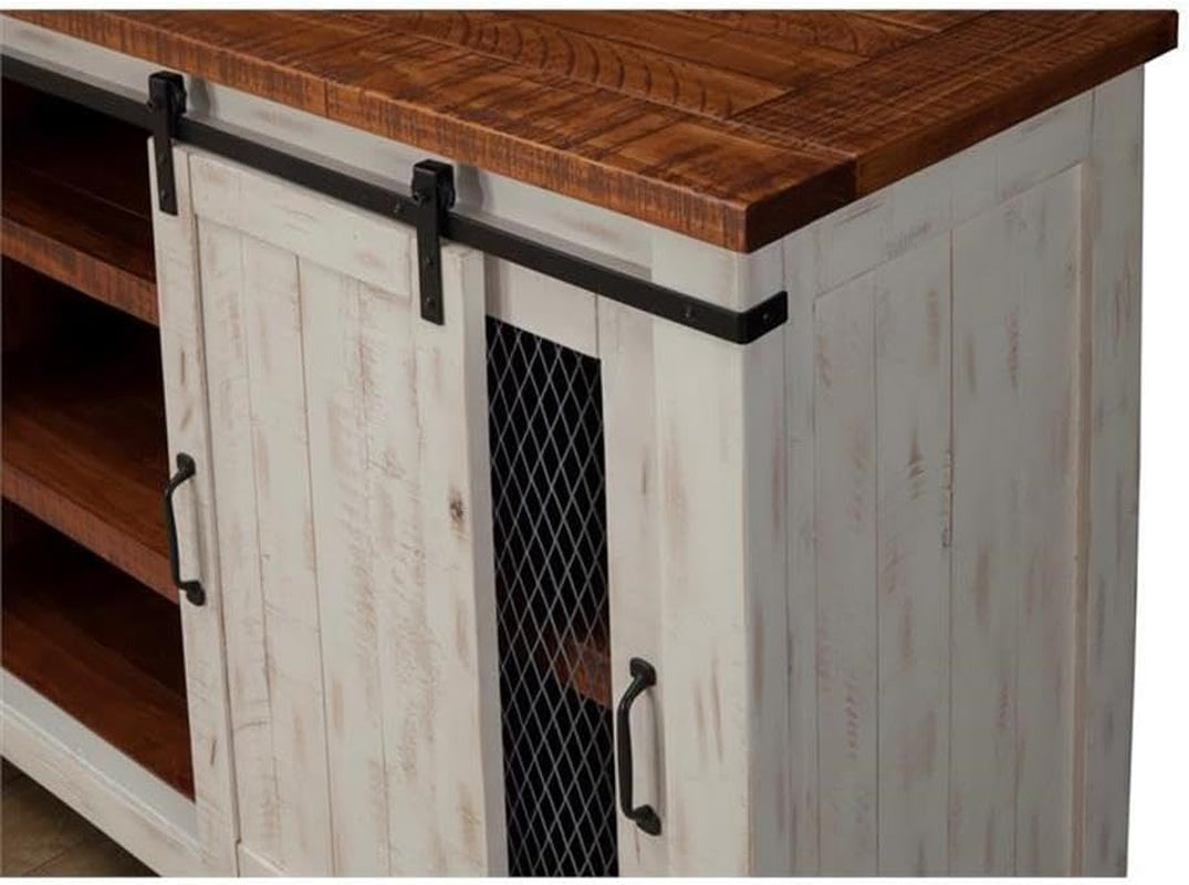 Martin Svensson Home 65" Solid Pine Wood Entertainment Center with Storage. Rustic TV Stand for Tvs up to 70." Sliding Doors, Adjustable Shelves & Cable Management – White and Honey Finish