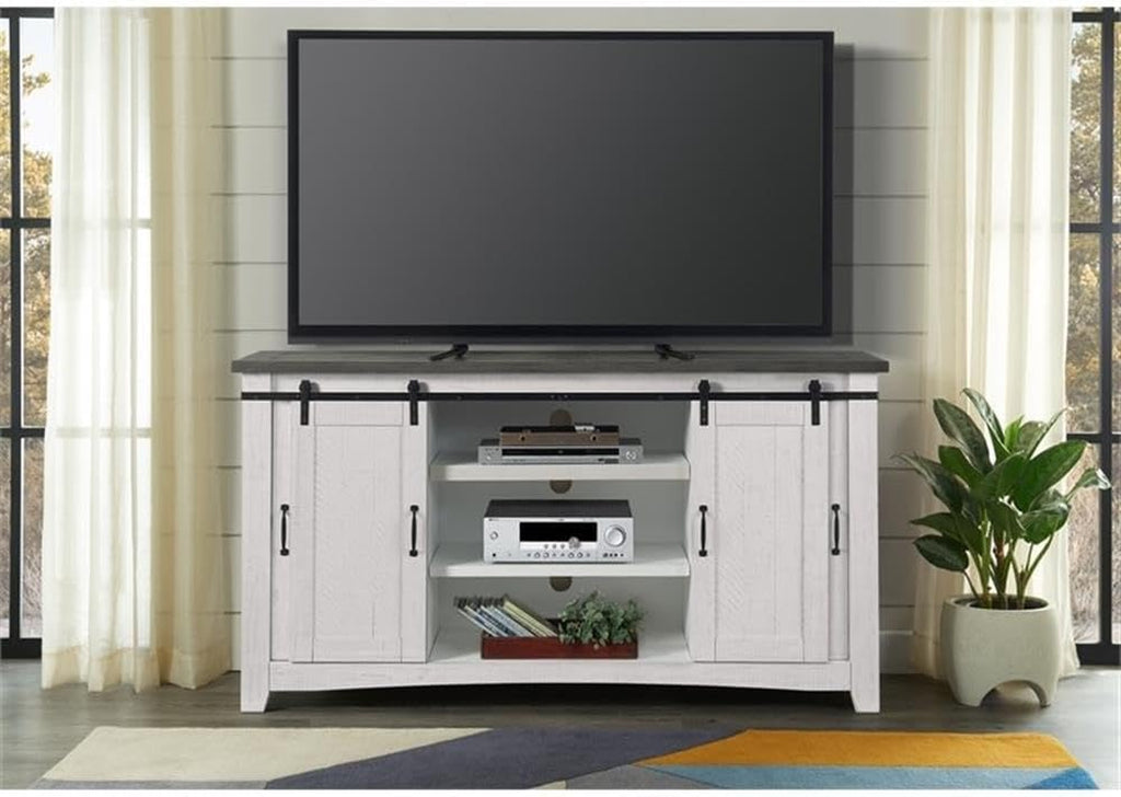 Martin Svensson Home 65" Solid Pine Wood Entertainment Center with Storage. Rustic TV Stand for Tvs up to 70." Sliding Doors, Adjustable Shelves & Cable Management – White and Grey Finish