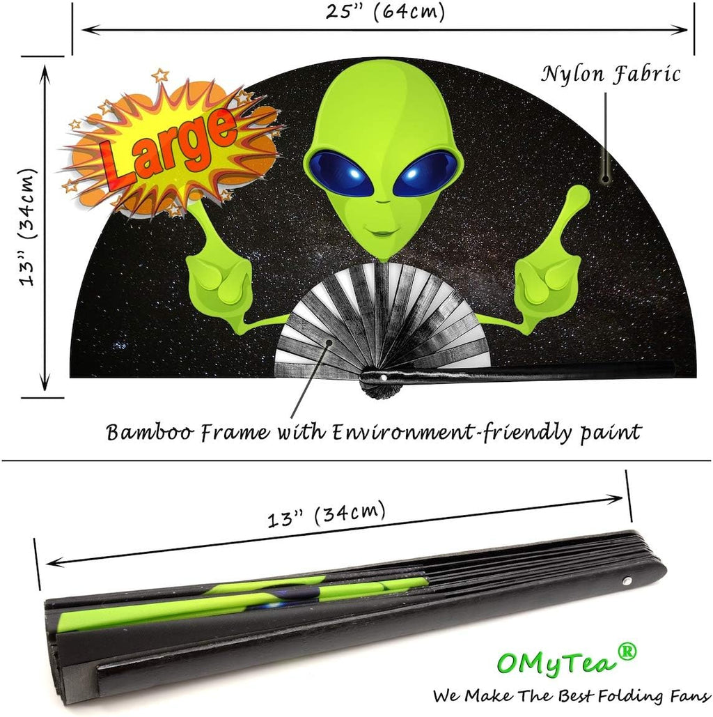 Rave Clack Hand Fan for Men/Women - Large Chinese Japanese Bamboo Folding Handheld Fan - for EDM, Music Festival, Club, Event, Party, Dance, Performance, Decoration, Gift (Alien)