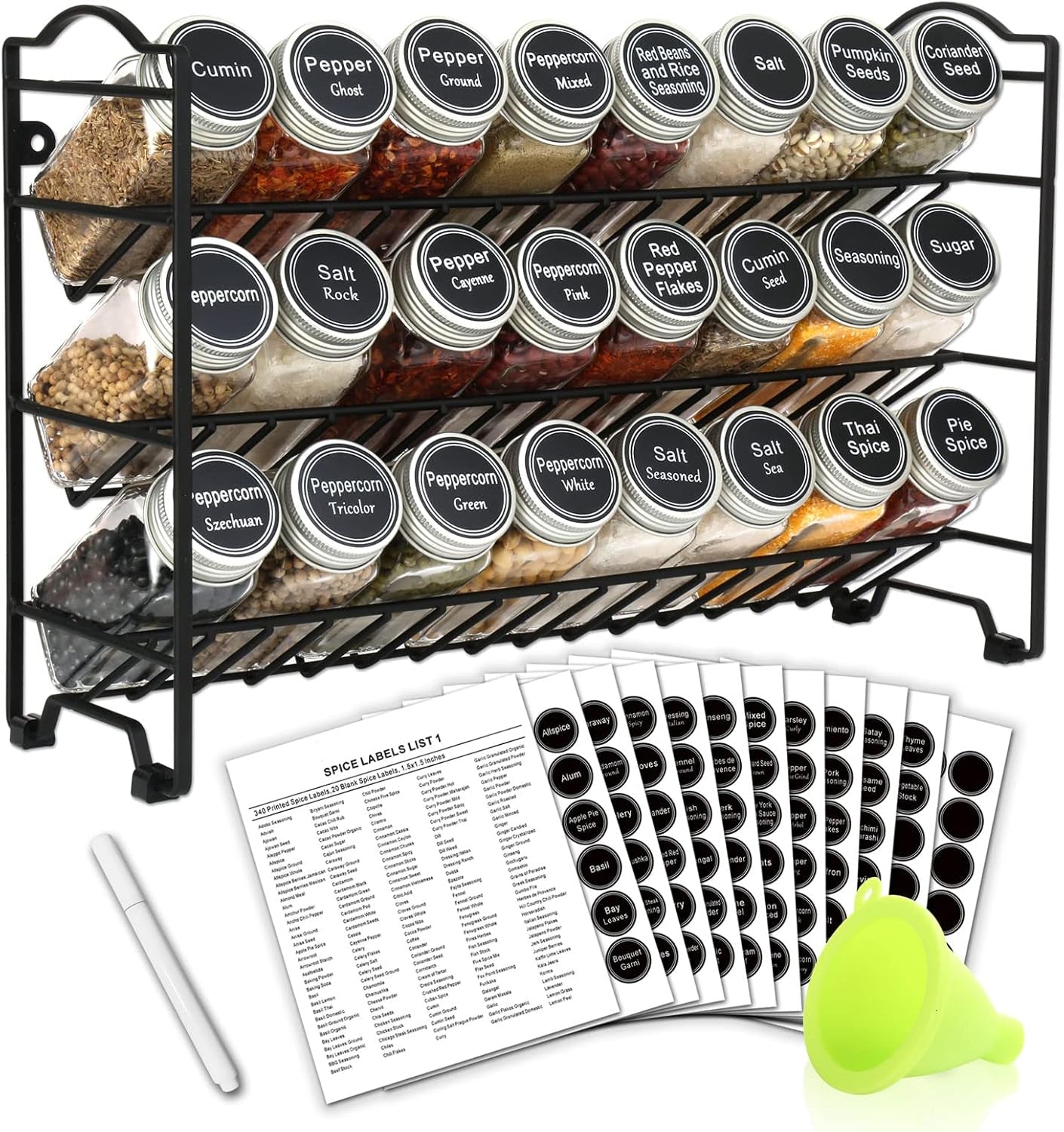 Spice Rack Organizer with 24 Empty Glass Spice Jars, 396 Spice Labels with Chalk Marker and Funnel Complete Set, for Countertop, Cabinet or Wall Mount, Black