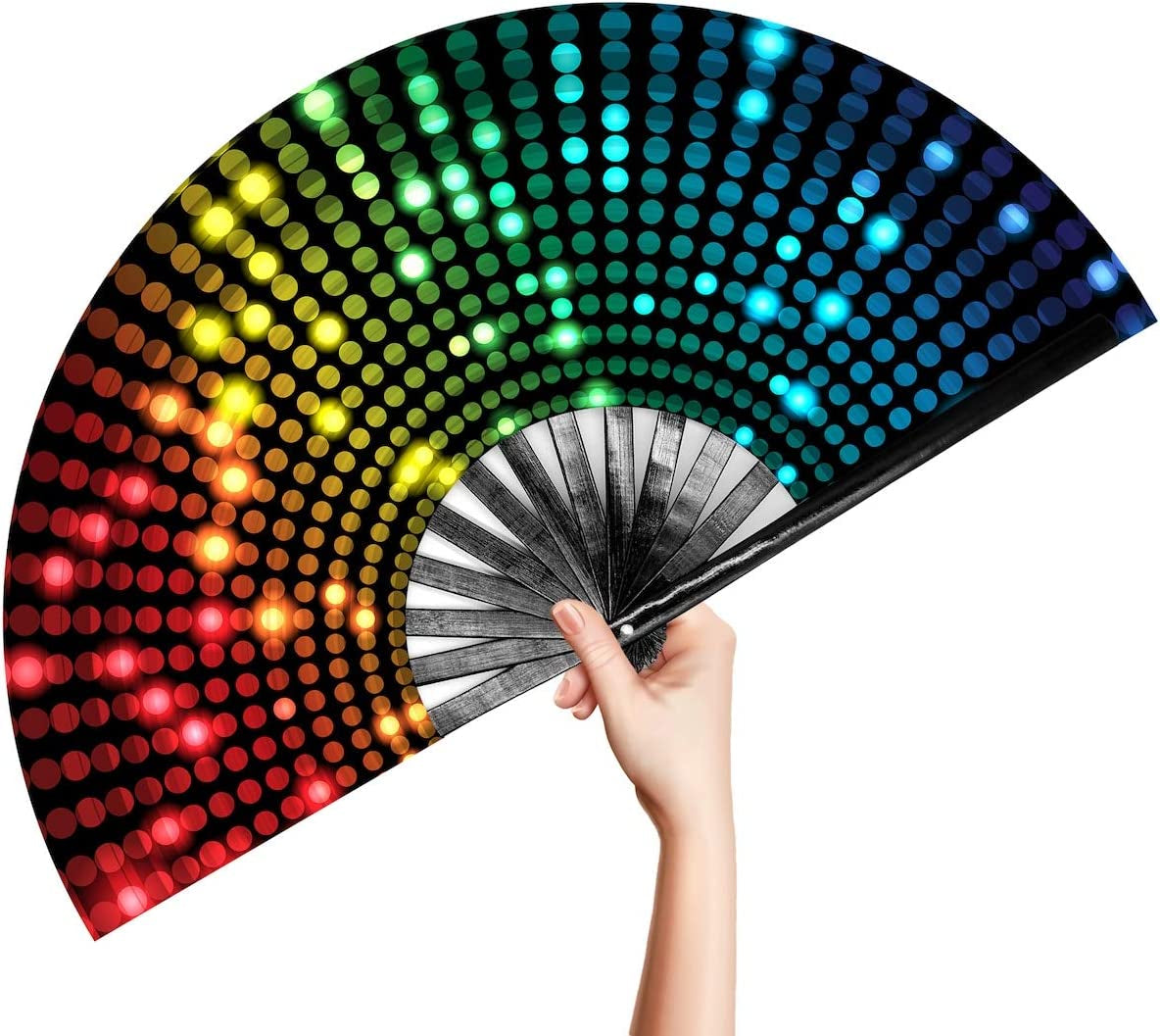 Large Rave Clack Popping Fan for Line Dancing - Boots on the Ground Folding Hand Fan - for EDM, Music Festival, Hot Flashes, Party, Decoration (Disco Lights Dots)