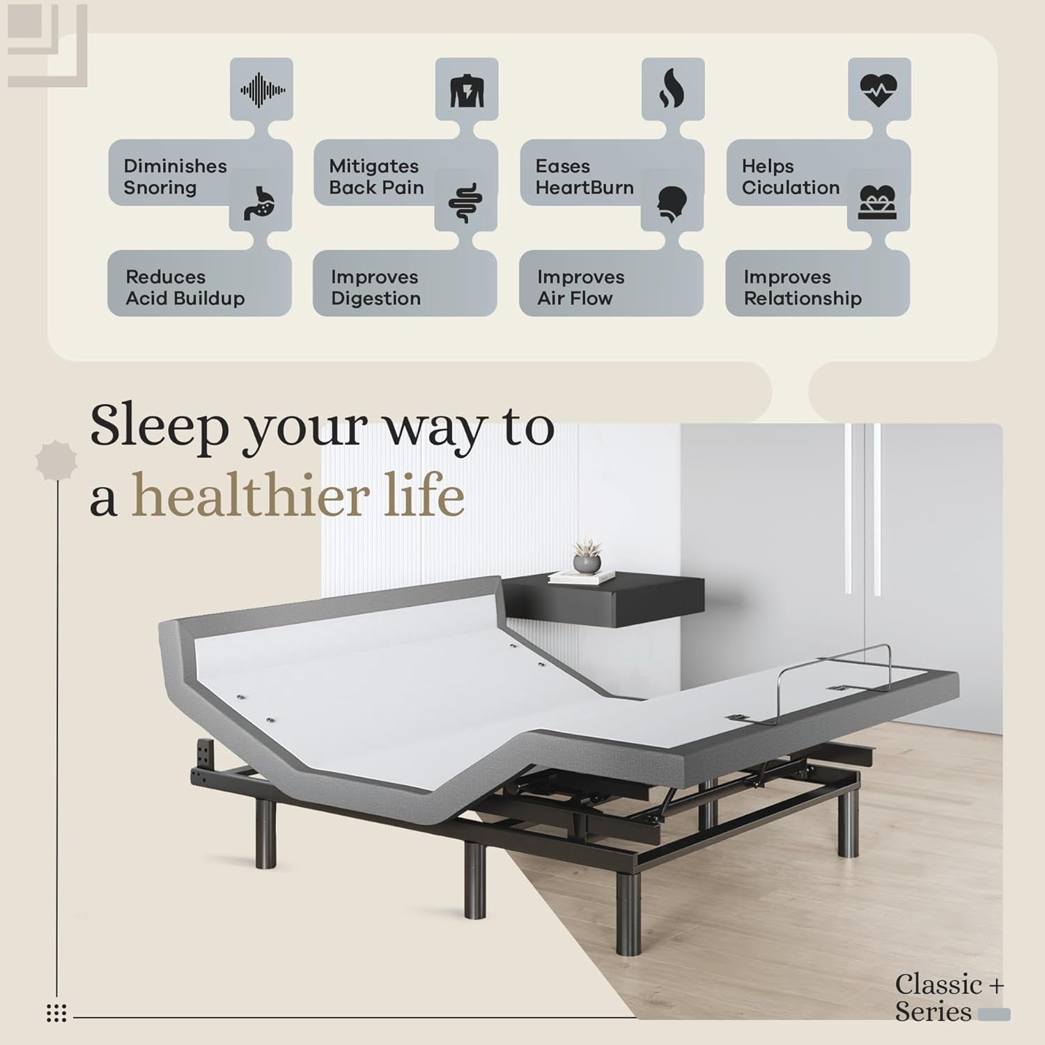 Harmony Adjustable Bed Base, Head and Foot Lift, Massage, Under-Bed Lights, USB, Memory, Zero Gravity Smart Frame - Full