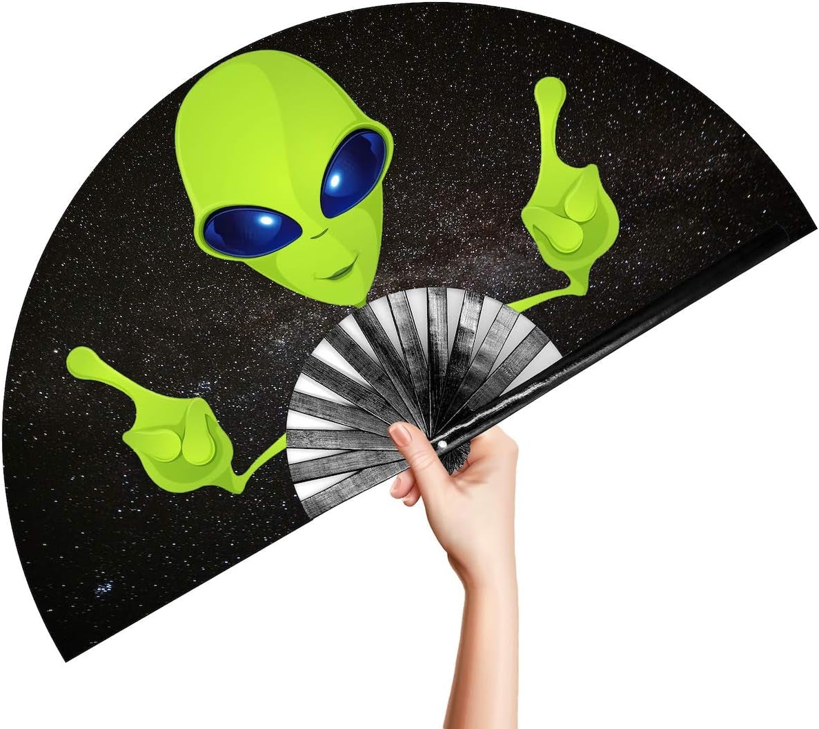 Rave Clack Hand Fan for Men/Women - Large Chinese Japanese Bamboo Folding Handheld Fan - for EDM, Music Festival, Club, Event, Party, Dance, Performance, Decoration, Gift (Alien)