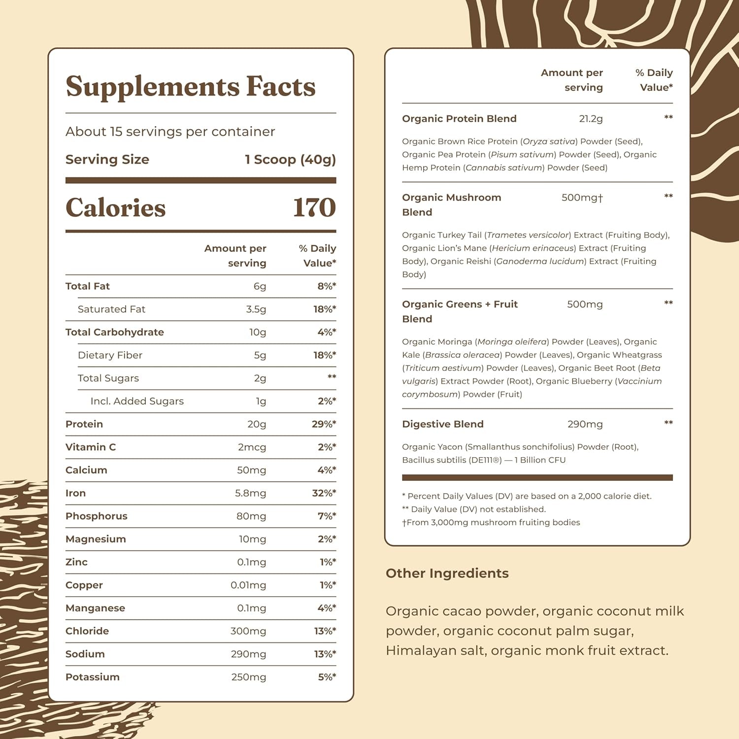 Organic Plant-Based Protein Powder | Clean Vegan Protein Elevated with Lion’S Mane, Chaga, Cordyceps and More for Brain Function and Immune Support | Creamy Cacao, 21.16 Oz