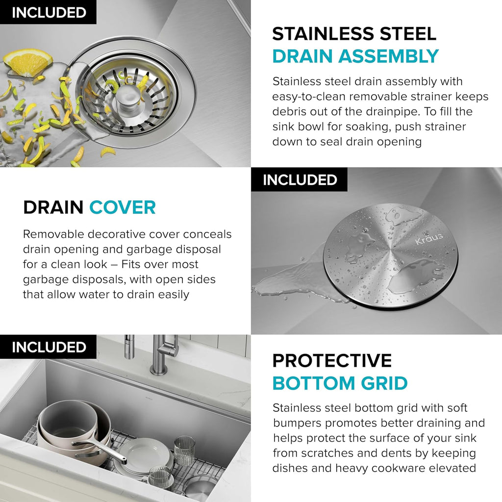 Kore 32-Inch Undermount Workstation 16 Gauge Single Bowl Stainless Steel Kitchen Sink with Accessories, KWU110-32