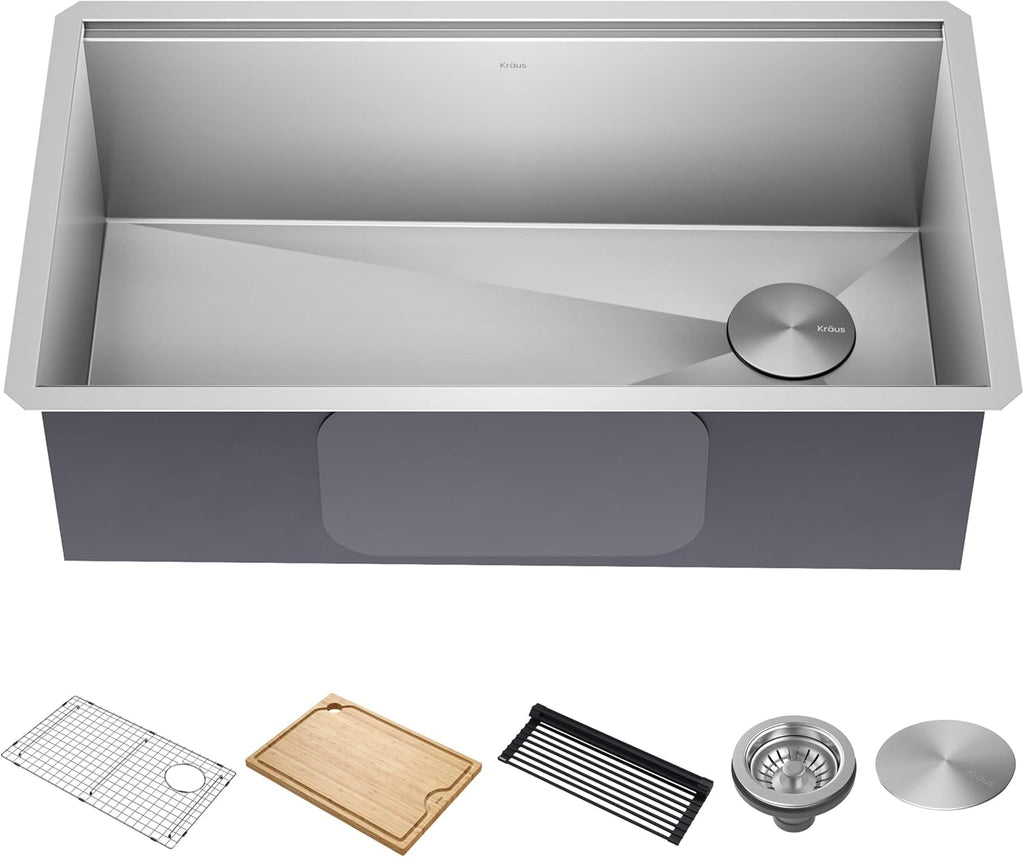 Kore 32-Inch Undermount Workstation 16 Gauge Single Bowl Stainless Steel Kitchen Sink with Accessories, KWU110-32