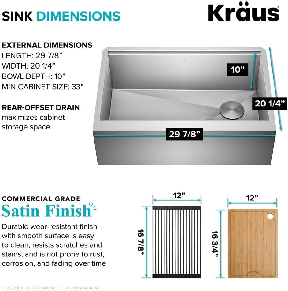 Kore 30-Inch Farmhouse Workstation with in Sink Dish Drying Rack, Stainless Steel Kitchen Sink, KWF410-30